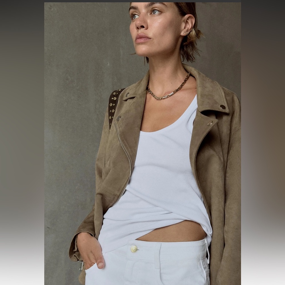 Zara Faux Suede Moto Jacket in Taupe